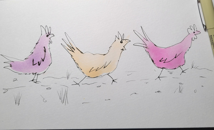 Three loose pastel chicken sketches in pink, cream, and lavender standing in a row