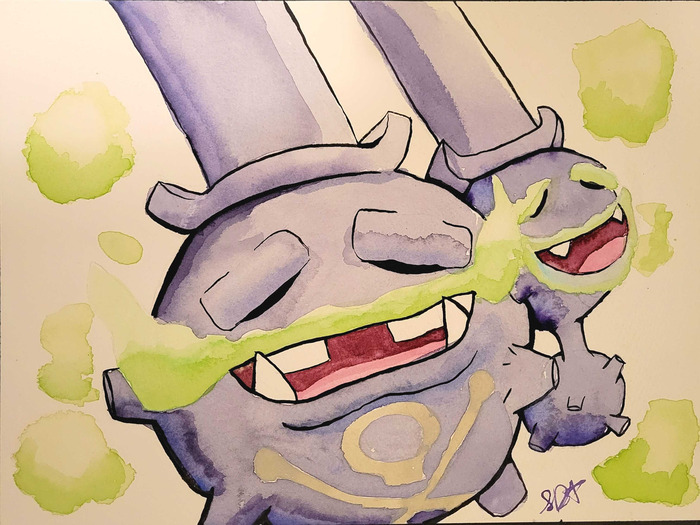 Galarian Weezing with green gas clouds billowing around them