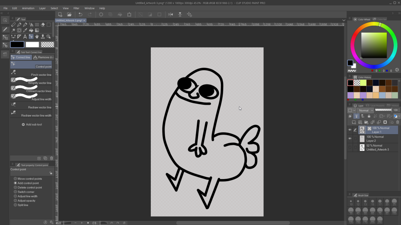 Screenshot of Clip Studio Paint with a vector illustration of Dickbutt on a transparent canvas. The smooth line art and vector editing tools contrasted with the absurdity of the subject, which was impossible to draw without laughing.