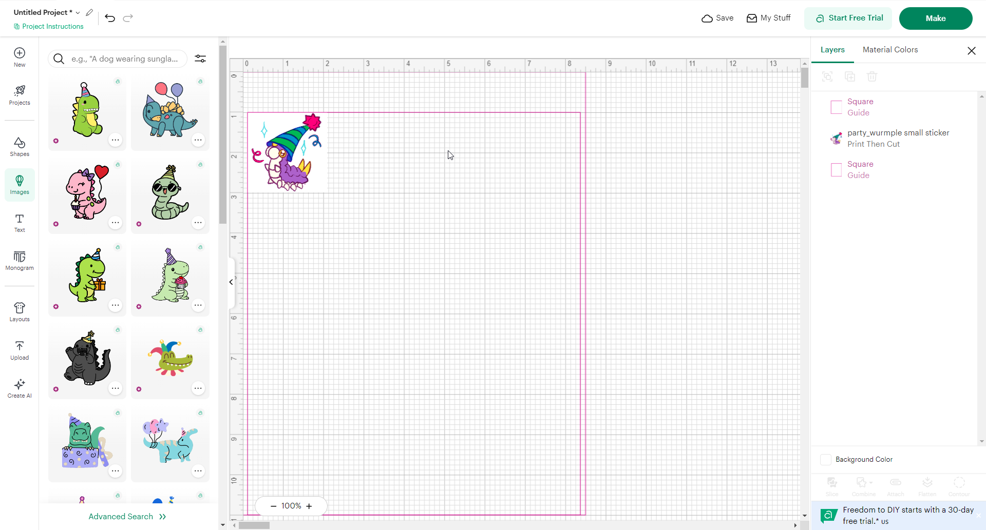 A screenshot of Cricut Design Space during sticker production. A cheerful party Wurmple, wearing an oversized striped party hat and surrounded by confetti and sparkles, sits alone in the corner of a Print Then Cut page while the rest of the cutting mat remains empty,  behind-the-scenes moment before an illustration becomes a physical sticker.