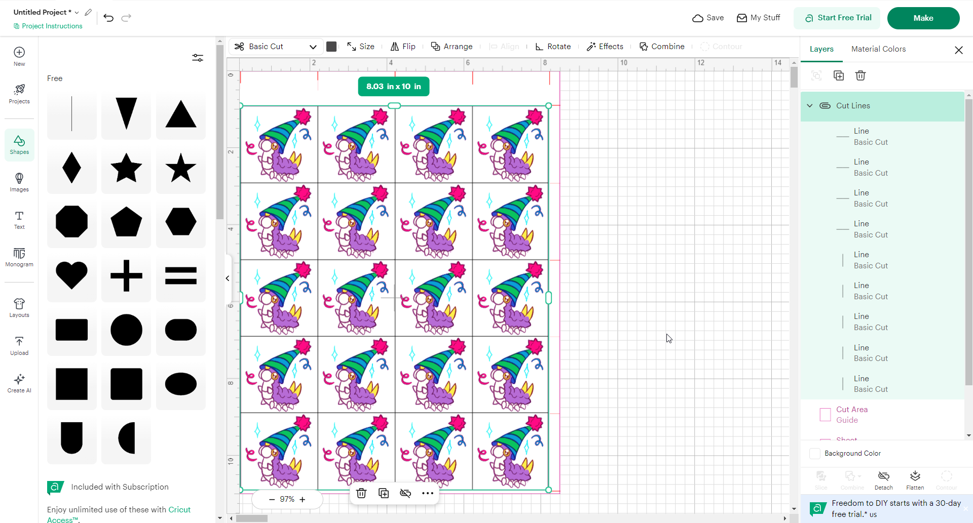 Screenshot of Cricut Design Space with twenty party Wurmple stickers neatly arranged in a grid across a Print Then Cut page. Each sticker shows a cheerful Wurmple wearing a blue-and-green striped party hat with confetti and sparkles, ready for making.